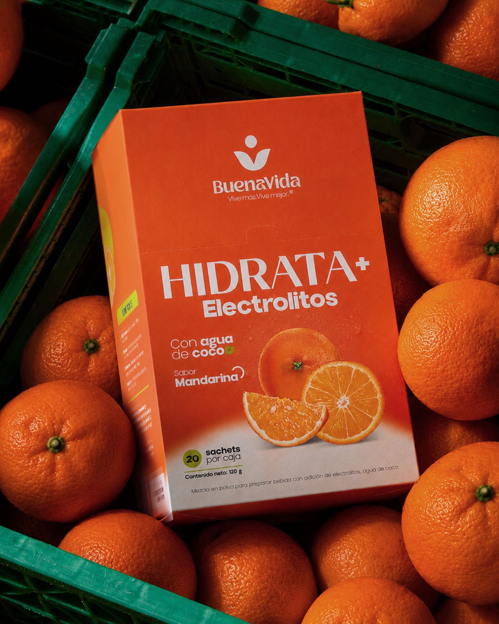 Caja Hidrata+ Electrolitos con naranjas — con agua de coco, sabor Mandarina