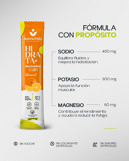 Fórmula Hidrata+: 450mg sodio, 300mg potasio, 60mg magnesio — sin azúcar