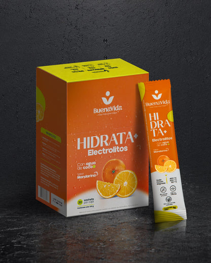 Hidrata+ Electrolitos sabor Mandarina — caja y sachet BuenaVida