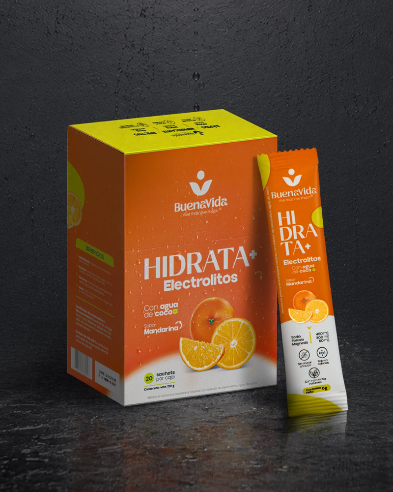 Hidrata+ Electrolitos sabor Mandarina — caja y sachet BuenaVida