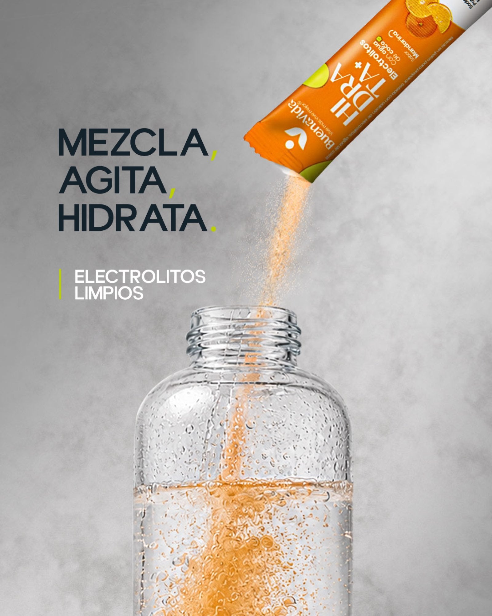 Prepara Hidrata+ Electrolitos: mezcla, agita, hidrata