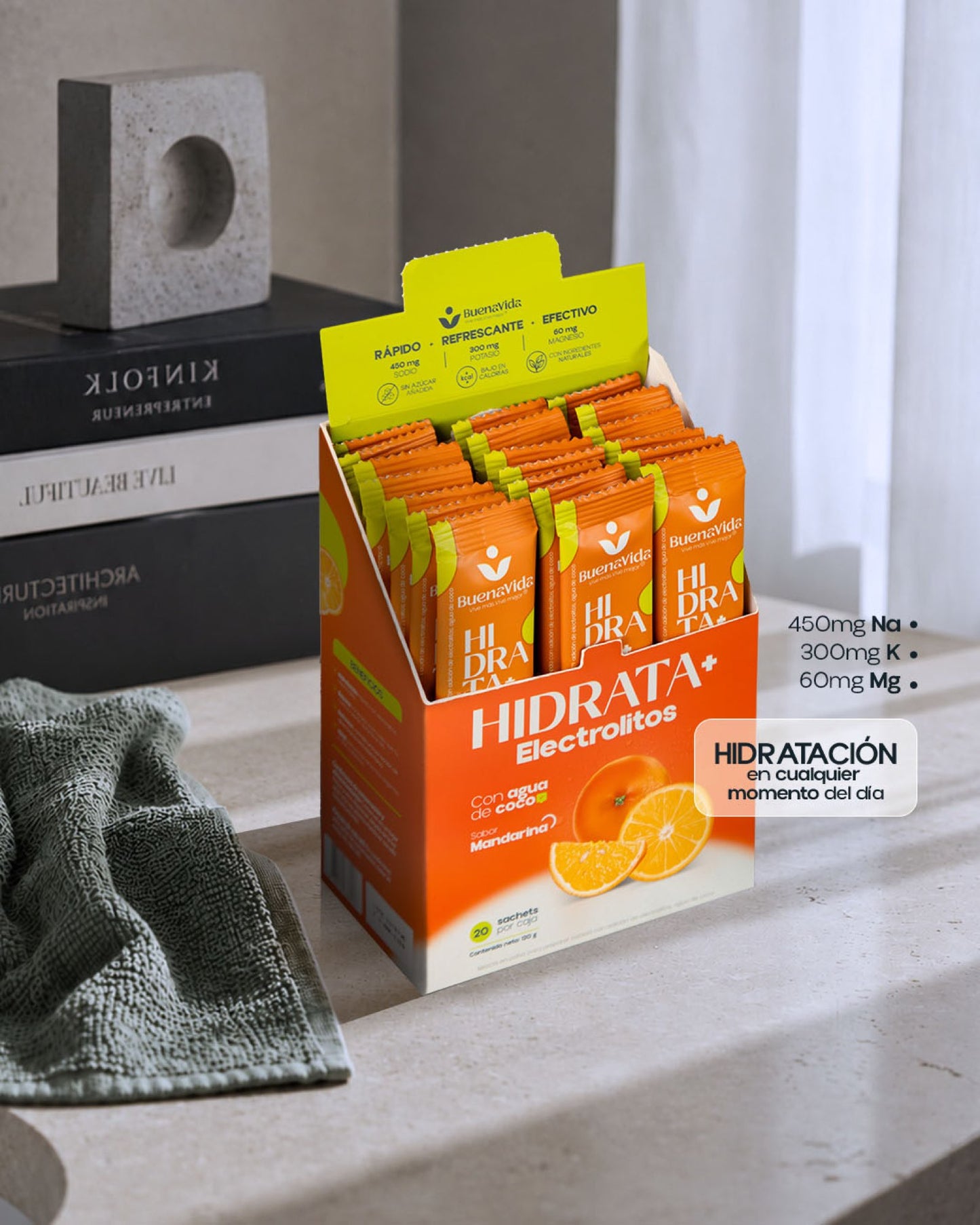 Caja Hidrata+ abierta con 20 sachets por caja — hidratación en cualquier momento